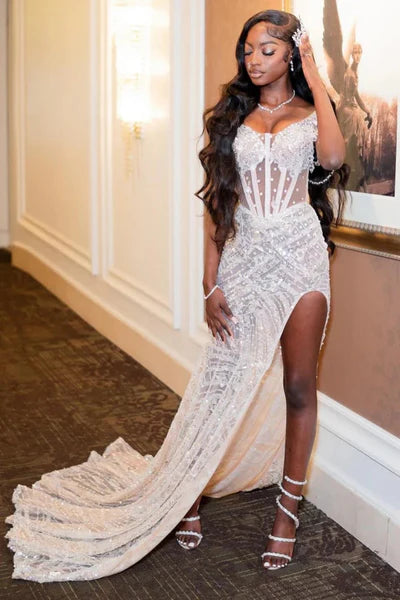 Sweetheart Ivory Mermaid High Split Court Train Sparkle Prom Dresses DP5954