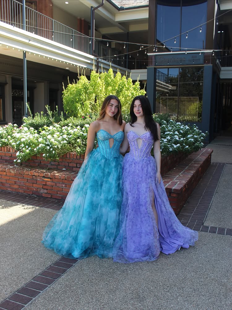 Blue Print A Line Sweetheart Neck Beaded Tulle Evening Dress Prom Dress DP7663
