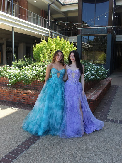 Blue Print A Line Sweetheart Neck Beaded Tulle Evening Dress Prom Dress DP7663