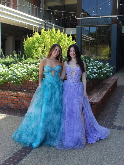 Blue Print A Line Sweetheart Neck Beaded Tulle Evening Dress Prom Dress DP7663