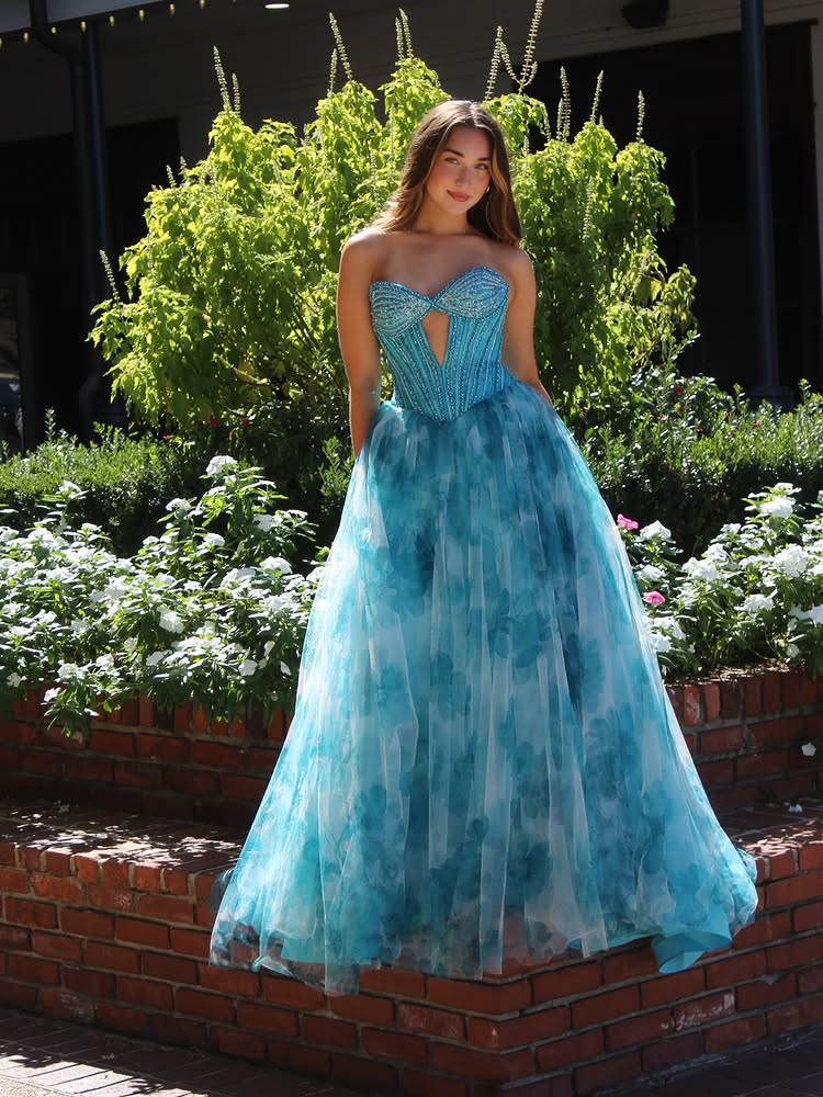 Blue Print A Line Sweetheart Neck Beaded Tulle Evening Dress Prom Dress DP7663