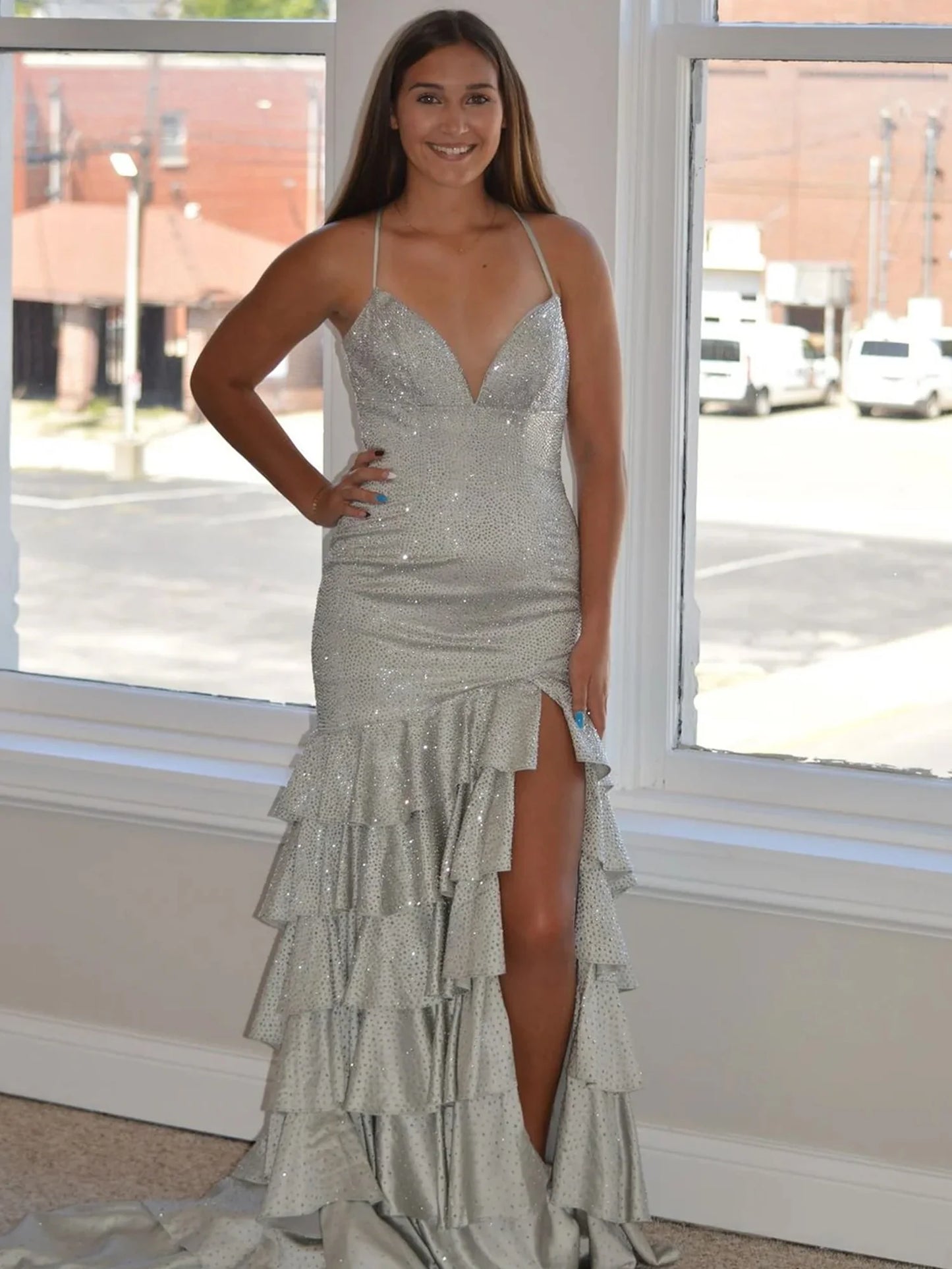 Mermaid Spaghetti Strap Rhinestone Layered Satin Prom Dress Evening Dress DP1098