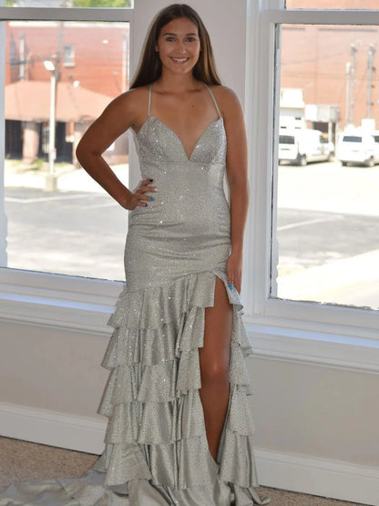 Mermaid Spaghetti Strap Rhinestone Layered Satin Prom Dress Evening Dress DP1098