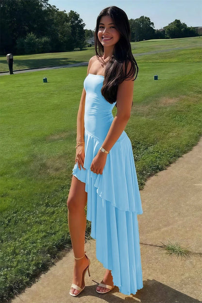 Simple Blue A Line Strapless Satin Evening Dress Prom Dress with Slit DP7672