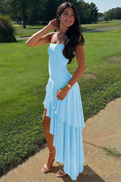 Simple Blue A Line Strapless Satin Evening Dress Prom Dress with Slit DP7672