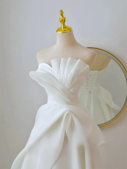 Elegant A Line Strapless White Organza Long Prom Dress Formal Dress DP1178