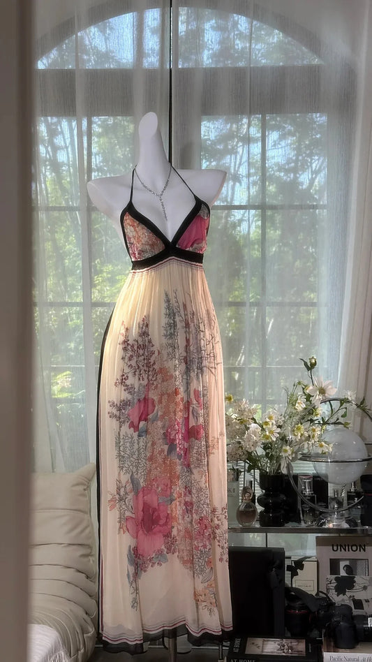 Vintage A Line Halter Print Floral Chiffon Open Back Prom Dress Wedding Guest Dress DP3806