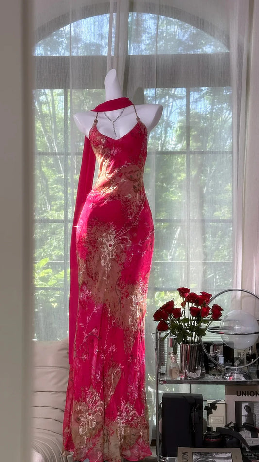 Sexy Mermaid Spaghetti Strap Pink Print Floral Chiffon Prom Dress Wedding Guest Dress DP3805
