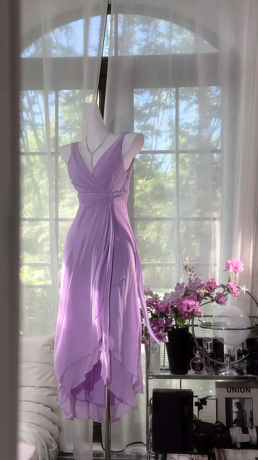 Simple Purple A Line V Neck Layered Chiffon Homecoming Dress Outfits DP3801