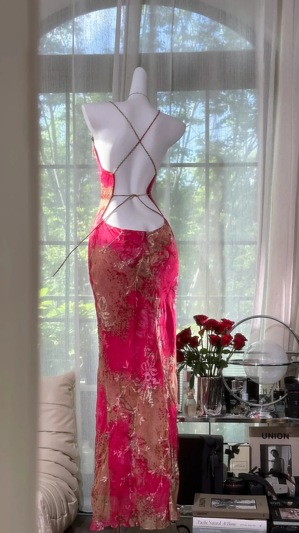 Sexy Mermaid Spaghetti Strap Pink Print Floral Chiffon Prom Dress Wedding Guest Dress DP3805