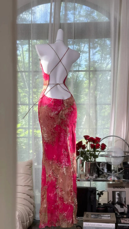 Sexy Mermaid Spaghetti Strap Pink Print Floral Chiffon Prom Dress Wedding Guest Dress DP3805