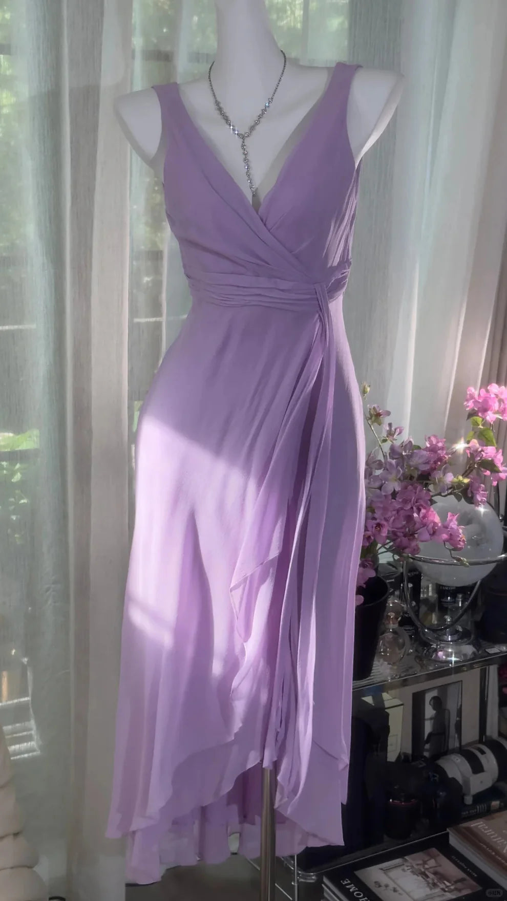Simple Purple A Line V Neck Layered Chiffon Homecoming Dress Outfits DP3801