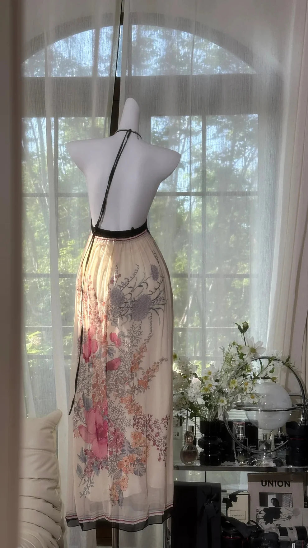Vintage A Line Halter Print Floral Chiffon Open Back Prom Dress Wedding Guest Dress DP3806
