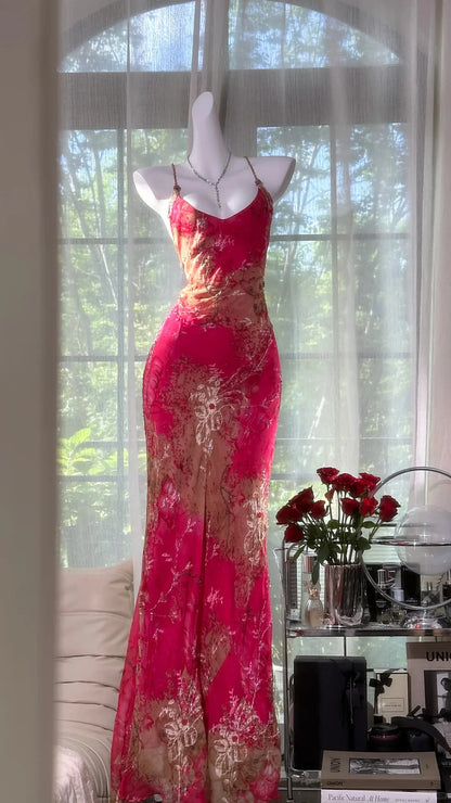 Sexy Mermaid Spaghetti Strap Pink Print Floral Chiffon Prom Dress Wedding Guest Dress DP3805