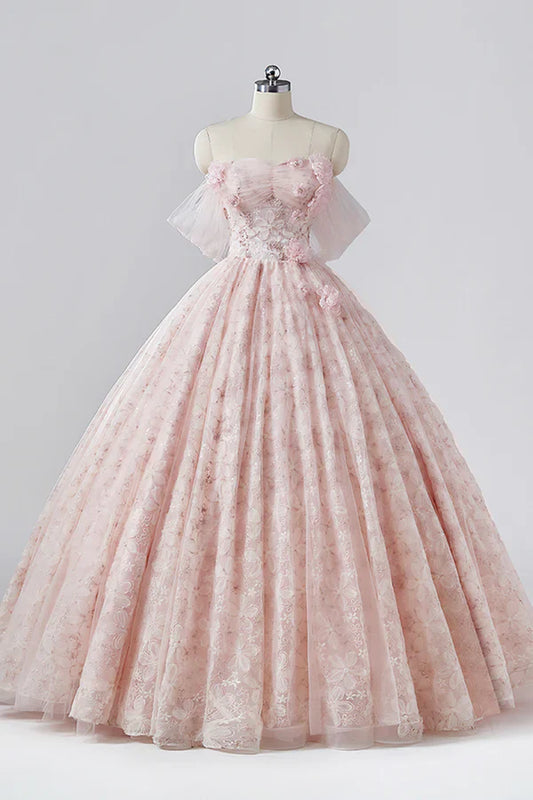 Elegant A Line Strapless Pink Flower Tulle Long Princess Dresses Prom Dresses DP752