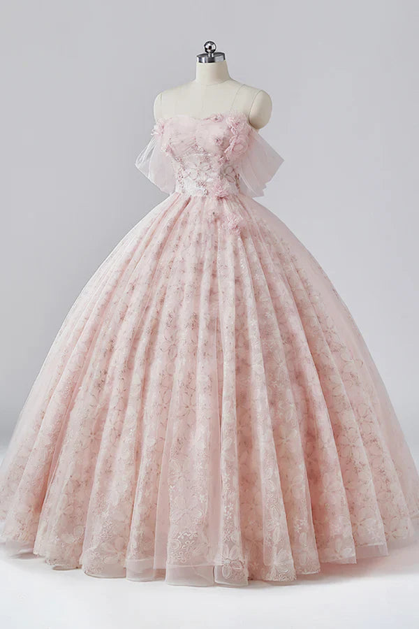 Elegant A Line Strapless Pink Flower Tulle Long Princess Dresses Prom Dresses DP752