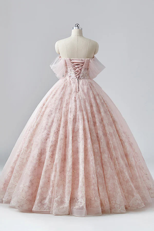 Elegant A Line Strapless Pink Flower Tulle Long Princess Dresses Prom Dresses DP752