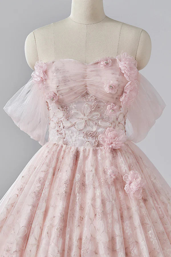 Elegant A Line Strapless Pink Flower Tulle Long Princess Dresses Prom Dresses DP752