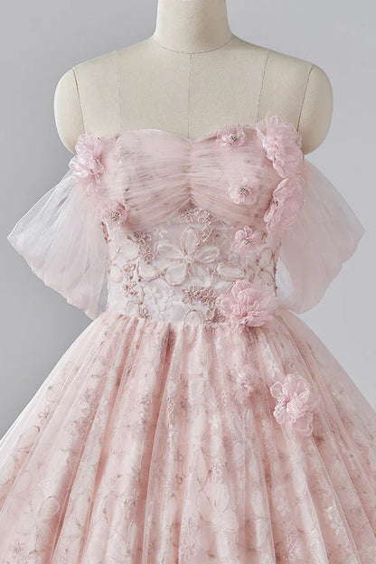 Elegant A Line Strapless Pink Flower Tulle Long Princess Dresses Prom Dresses DP752