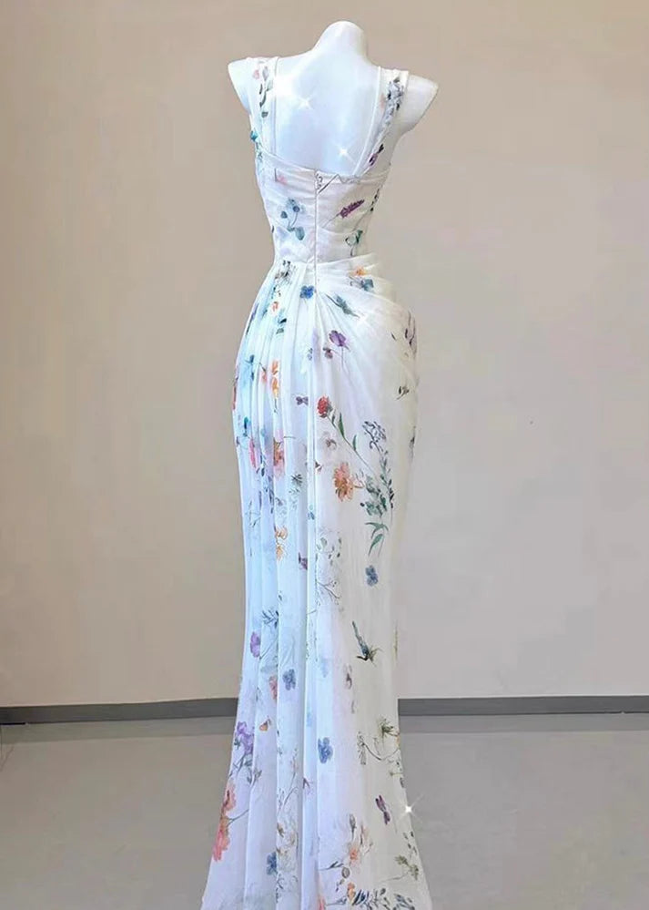 Mermaid Flowers Print Fold Chiffon Long Prom Dresses DP816