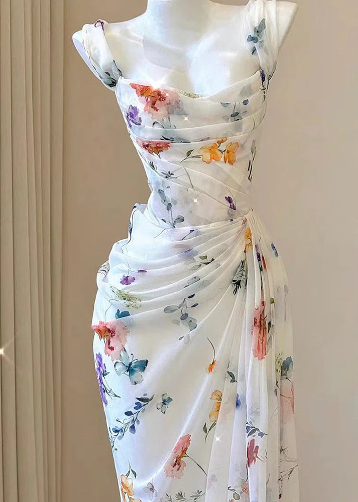 Mermaid Flowers Print Fold Chiffon Long Prom Dresses DP816