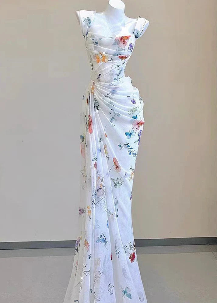 Mermaid Flowers Print Fold Chiffon Long Prom Dresses DP816