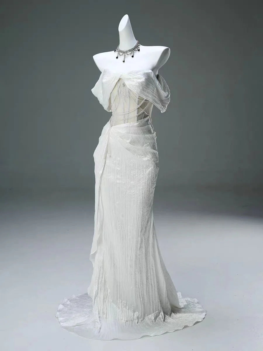 Luxurious Mermaid Off the Shoulder Pearls Ivory Satin Long Prom Dress Evening Dress DP1353