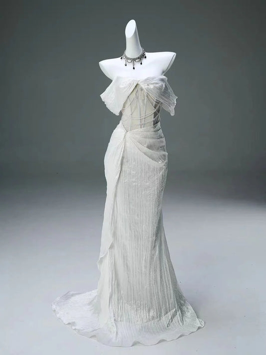 Luxurious Mermaid Off the Shoulder Pearls Ivory Satin Long Prom Dress Evening Dress DP1353