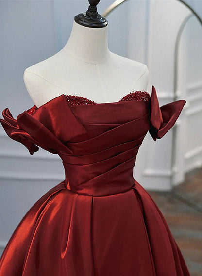 A Line Off Shoulder Bow Beaded Satin Party Dress Prom Dress DP980