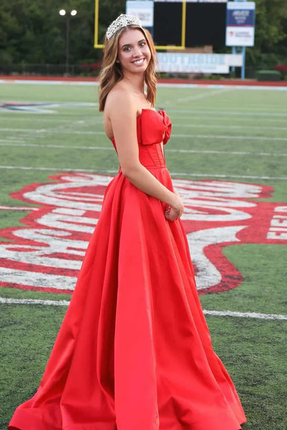 A Line Strapless Bow Empire-Waist Sleeveless Satin Long Prom Dress with Slit DP1057