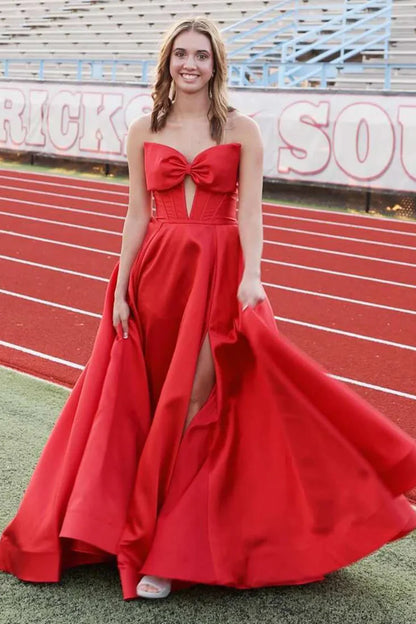 A Line Strapless Bow Empire-Waist Sleeveless Satin Long Prom Dress with Slit DP1057