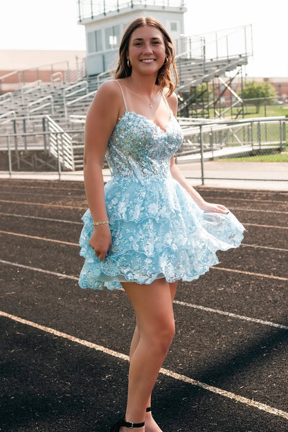 Shiny A Line Spaghetti Strap Sequin Corset Layered Tulle Short Homecoming Dress Mini Dress Outfits DP5890